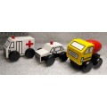 90`S MINI WOOD CAR SET FROM EUROPE - APPROX 7CM - AMBULANCE, POLICE AND CEMENT TRUCK