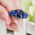 Beautiful Black Gold Filled Blue Crystal Ring - Size 6