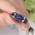 Elegant Black Gold Filled Blue Crystal Ring - Size 7 3/4