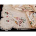 Cream linen hand-embroidered tablecloth -  small - square- crochet edge - 88 x 88cm