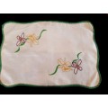 Cream linen tray cloth with embroidered irises - green crochet edge - 32 x 48cm