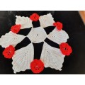 White hand-crochet doilie with red flowers 34cm