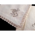 2 small beige cotton napkins with crochet edge 28 x 28cm