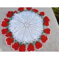 Large crochet doilie/ doily - white with red flowers - 41cm