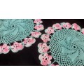 Pair of doilies - turquoise with pink flowers - 18cm