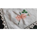 White linen tray cloth -  with flower embroidery 45 x 32 cm