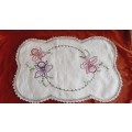 Cream linen embroidered tray cloth with crochet edge-  41 x 26 cm