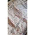 Large, pale pink hand embroidered tablecloth, white lace inserts (276 x 160cm)