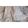 Large, pale pink hand embroidered tablecloth, white lace inserts (276 x 160cm)