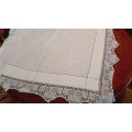 White linen tablecloth with filet crochet edging- square - 95 x 95cm