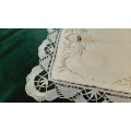 Linen embroidered tray cloth - beige with grey lace edge -  48 x 32 cm