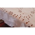Whte embroidered tablecloth with hand crocheted edging - damaged (104 x 104 cm)