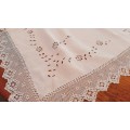 Whte embroidered tablecloth with hand crocheted edging - damaged (104 x 104 cm)