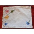 Embroidered tray cloth - white linen with colourful embroidery - 44 x 32cm