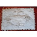 Embroidered tray cloth - cream cotton with hand crochet edging - 40 x 26cm
