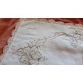 Embroidered tray cloth - cream cotton with hand crochet edging - 40 x 26cm