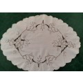 Oval cotton tray cloth -  whtie with grey embroidery 45 x 33 cm