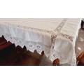 White table cloth with filet crochet edging - damaged-  115 cm x 115cm