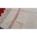 White table cloth with filet crochet edging - damaged-  115 cm x 115cm