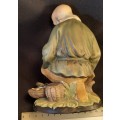 Japanese Porcelain Statue Old man with abacus and basket with fish