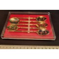 Vintage Set five tea spoons Gold tone  Enamel Clasonne Flower collection