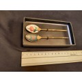 Vintage Set Two tea spoons Gold tone  Enamel Clasonne Butterfly and Hibiscus collection