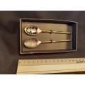 Vintage Set Two tea spoons Gold tone  Enamel Clasonne Flower collection