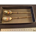 Vintage Set Two tea spoons Gold tone  Enamel Clasonne Flower collection