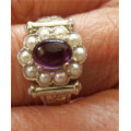 925 -Sterling Silver,  Genuine Amethyst and Seed Pearls  - Ring