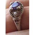 Lovely- 925 Sterling Silver Genuine Seed Pearls and Amethyst Ring.