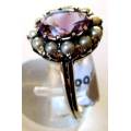 Solid Sterling Silver  Seed Peals &  Amethyst Ring