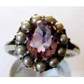 Solid Sterling Silver  Seed Peals &  Amethyst Ring
