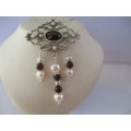 925 Sterling Silver, Genuine Garnets and Pearls  Pendant