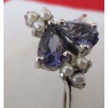925 Sterling Silver, Genuine  Iolite and Seed Pearls Ring
