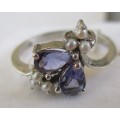 925 Sterling Silver, Genuine  Iolite and Seed Pearls Ring