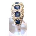 925 Solid Sterling Silver, Genuine Blue Sapphires & Diamonds Ring