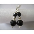 Big & Beautiful  925 Sterling Silver  and  Black Onyx Faceted Beds Earrings