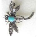925 Sterling Silver and Marcasite `` Dragonfly `` Brooch