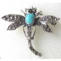 925 Sterling Silver and Marcasite `` Dragonfly `` Brooch