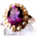Solid 925 Sterling Silver and Genuine Amethyst and Seed Pearls Ring