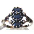 925 Sterling Silver  Seed Pearls and Blue Sapphires  Ring