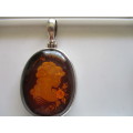 Big & Beautiful, 925- Sterling Silver  and Amber Cameo Pendant