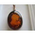 Big & Beautiful, 925- Sterling Silver  and Amber Cameo Pendant