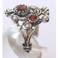925 Sterling Silver and Genuine Garnets and Seed Pearls Ring