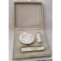 Vintage Gold Tone and Mother of Pearl Powder Compact, Lipstick Holder & Comb in Original Box
