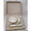 Vintage Gold Tone and Mother of Pearl Powder Compact, Lipstick Holder & Comb in Original Box