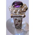 925 -Sterling Silver,  Genuine Amethyst and Seed Pearls  - Ring