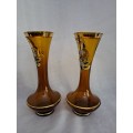 Vintage Amber Glass Handpainted Gold & Floral Gilded Vases