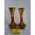 Vintage Amber Glass Handpainted Gold & Floral Gilded Vases