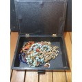 JOB LOT OF COSTUME JEWELLERIES WITH A VINTAGE WOODEN TRINKET BOX.